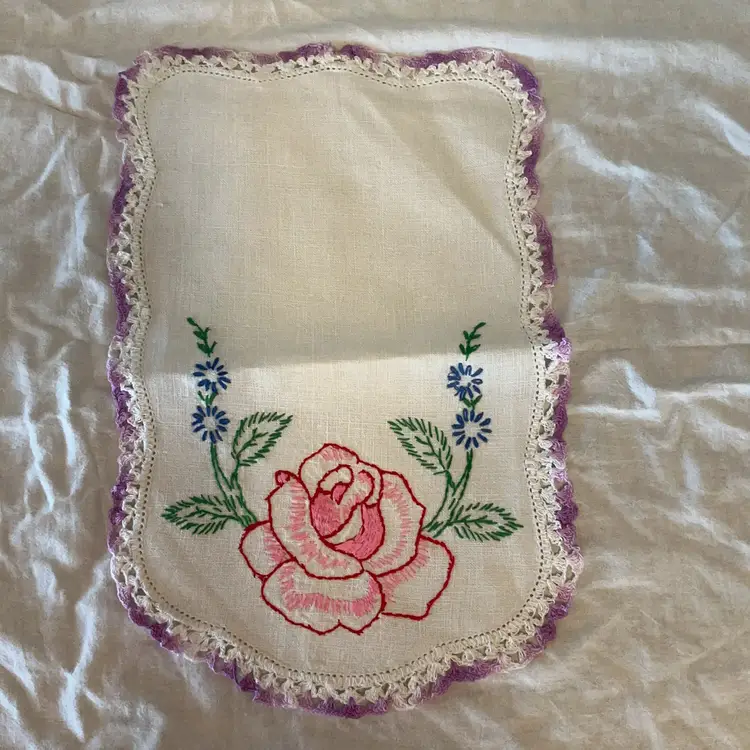 POW4 VTG Embroidered & Crocheted Placemats or Doilies Set of 3 13 1/2" x 9"