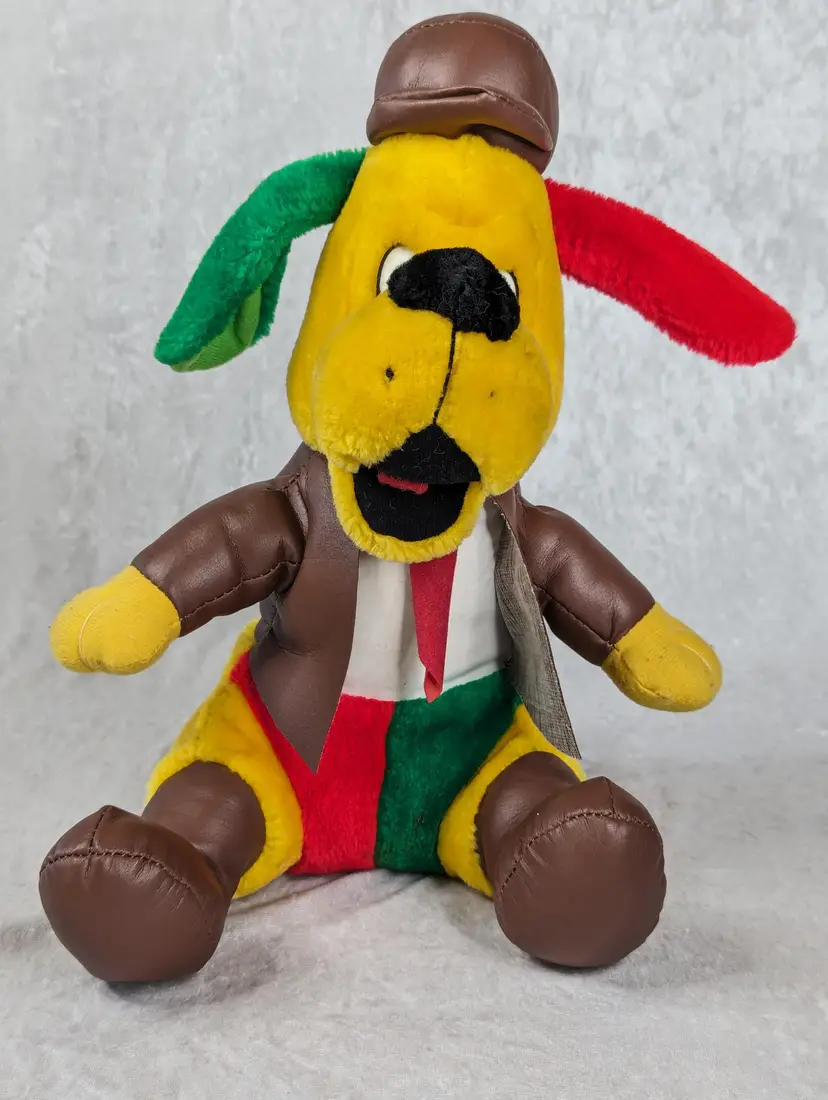 Plush Dog In Suit 12" Stuffed Animal Kuddle Me Toys Faux Leather Hat Jacket Vtg Color Block 80s