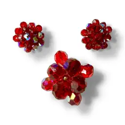 Vintage Czech Crystal Brooch & Earrings Set - Red Aurora Borealis Demi Parure 💎