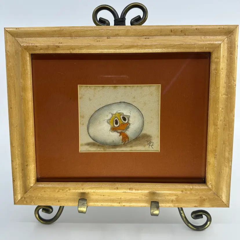 Vintage ORIGINAL Hand Colored Hatching Duckling Wooden Frame