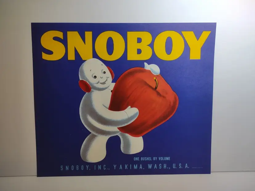 Snoboy Apple Crate Label Snowman Anthropomorphic Vintage 1940s Original Snow Man