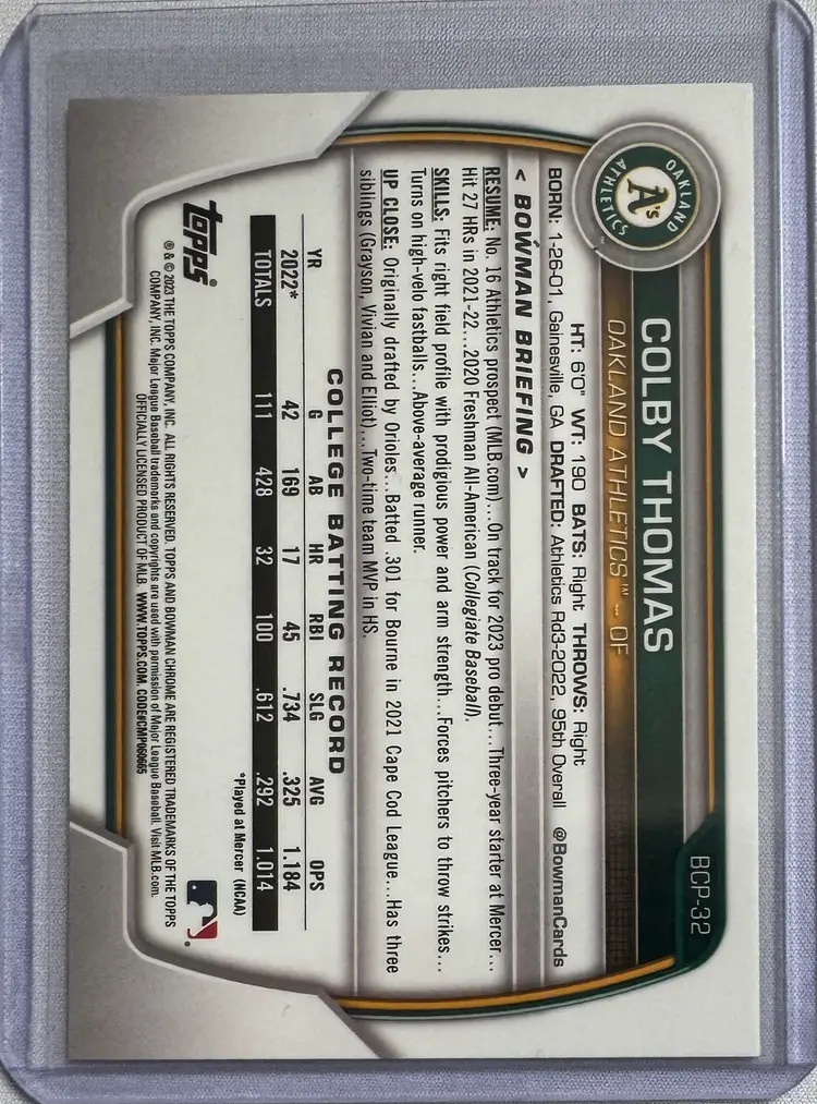 2023 Bowman Colby Thomas 1st Atomic Oakland Athletics