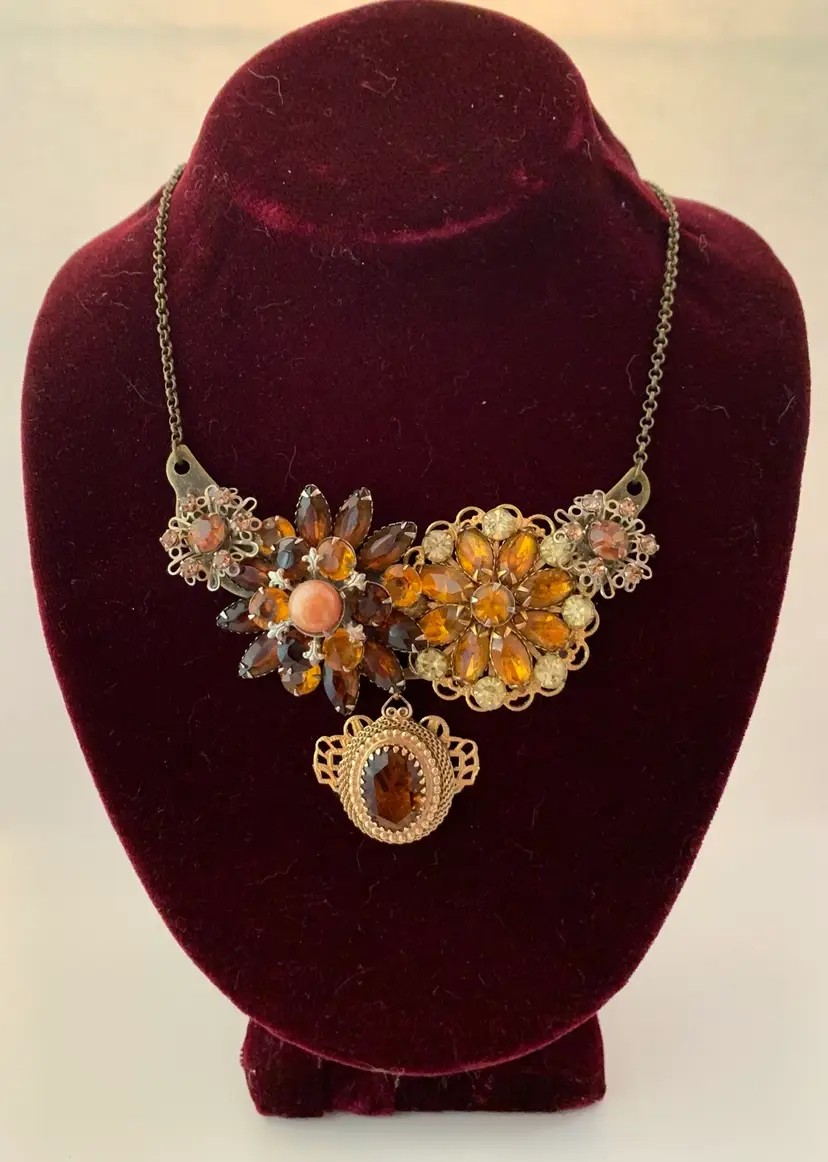 Fall Toned Vintage Collage Statement Necklace 