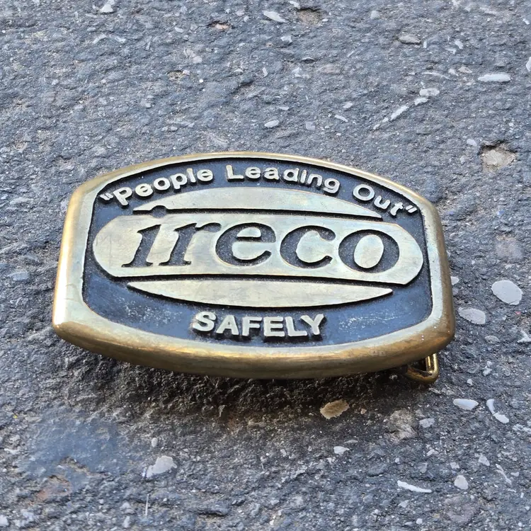 Brass Belt Buckle ireco "People Leading Out" SAFELY 3¼×2½" Handmade Anacortes WA Vintage