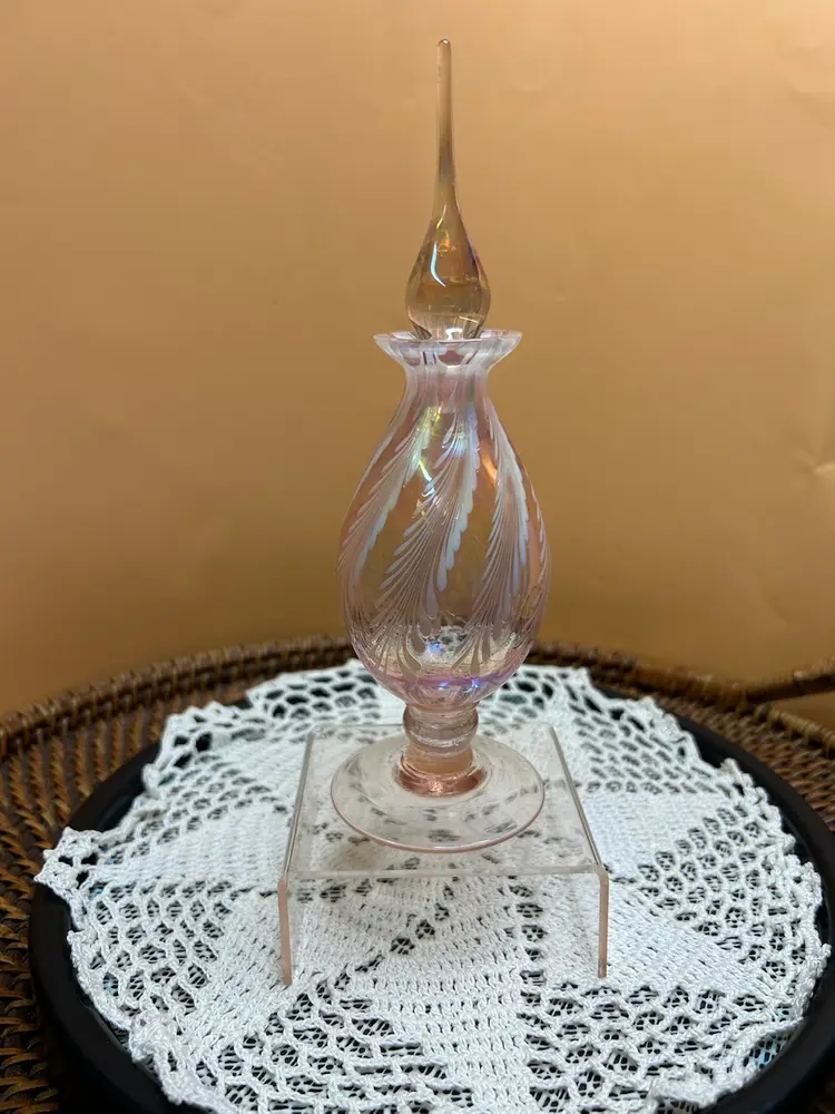 Handmade Pulled Feather Opalescent Pink Perfume Bottle By Silverstein