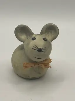 Small Ceramic Country Mouse With Raffia Bow, 2” X 2”, Unmarked