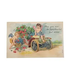 Antique 1910 German Embossed Valentine Postcard With Cherubs & Car Illustration