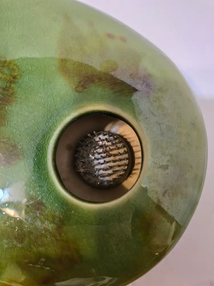 Napco Ikibana Japanese Style Vase w/ Flower Frog Green & Brown Crackle Glaze Vtg 9 x 6 1/2