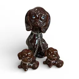 Vintage Dachshund Figurines Mother And Puppies On Chains Brown Made In Japan