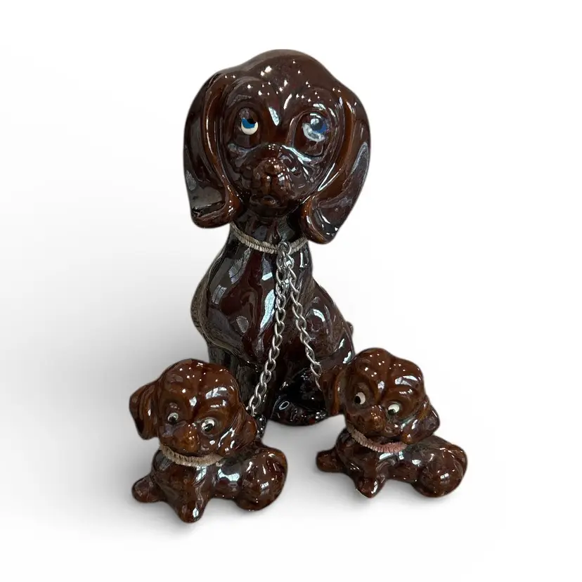 Vintage Dachshund Figurines Mother And Puppies On Chains Brown Made In Japan