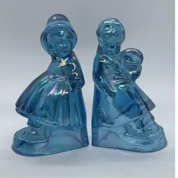 Fenton Iridescent Blue Glass Boy & Girl Bookends Vintage