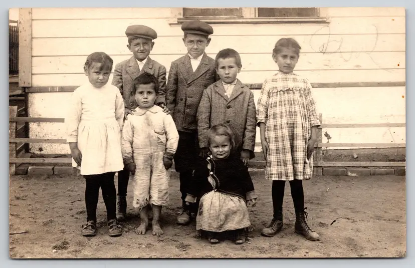 Postcard RPPC Barefoot Dirty Boys and Girls Class Group Real Photo Children Scally Cap - 9161