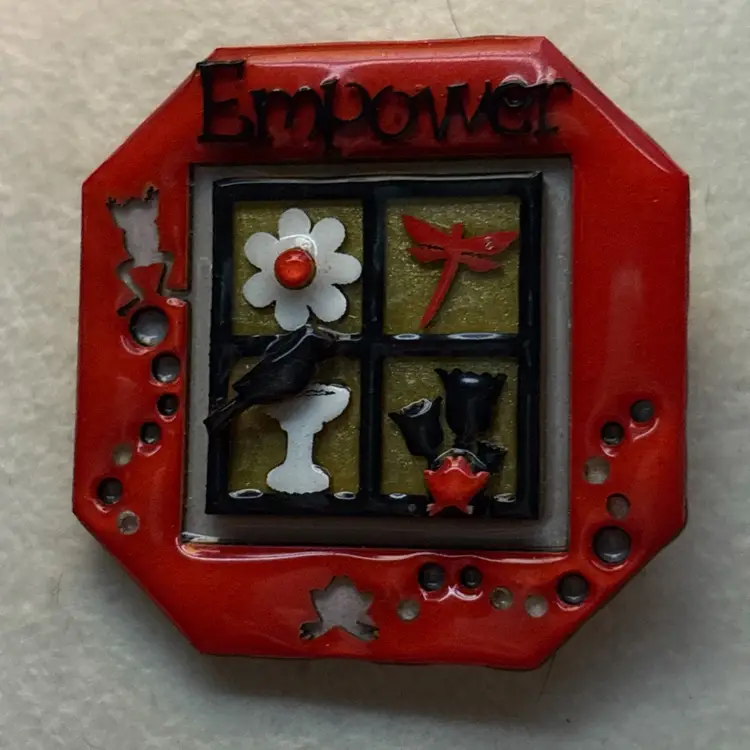 DESIGNS by LUCINDA Pin ~ Windowpane Design With ‘EMPOWER’ ~ Red And Black And Includes Flower, Dragonfly, Birdbath, Tulips … & A FROG JUMPING Around Till He Finally Lands On The Tulips!