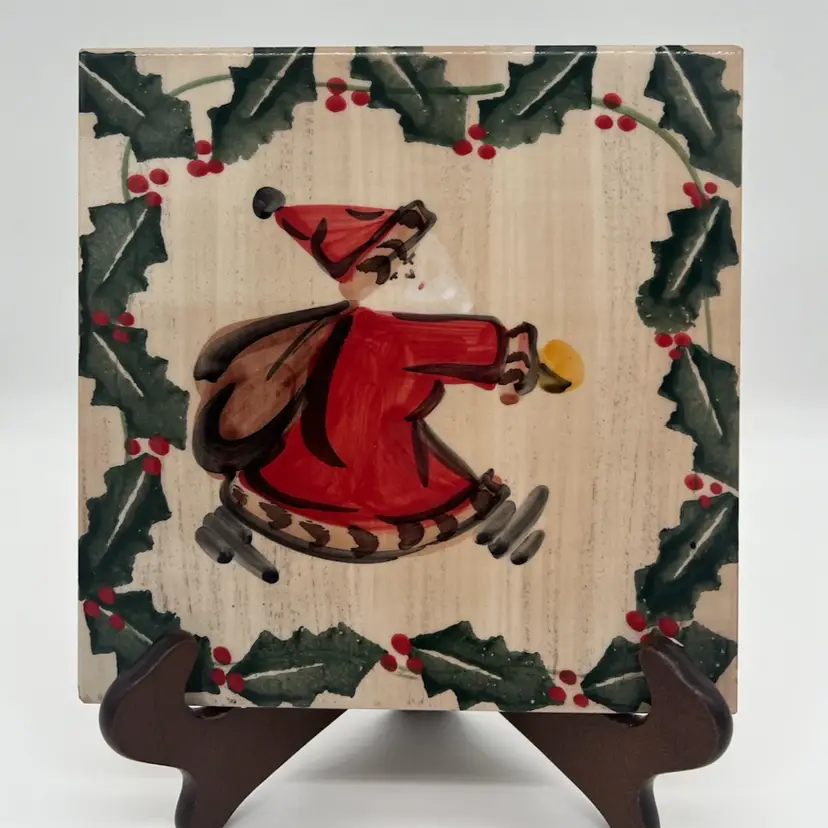 Vintage Italian Santa Claus Holly Berry Ceramic Tile Trivet Marco e Cristina Hand Painted Italy 8”