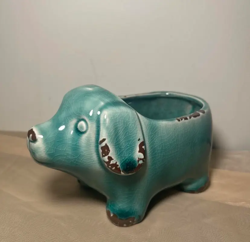 Small Teal Dog Rustic Style Planter