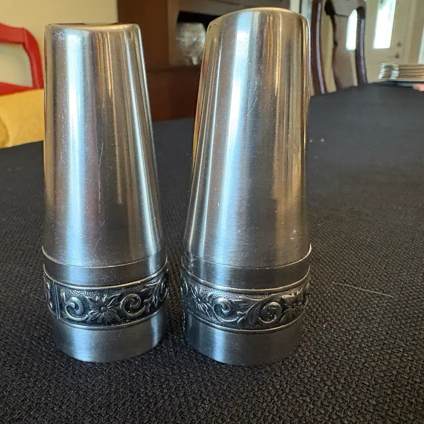 Vintage 70s Pair International Decorator Stainless Steel Salt & Pepper Shakers