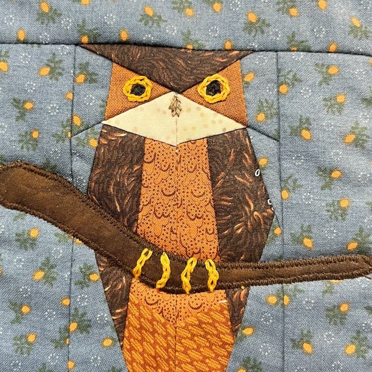 Handmade Quilted Owl Wall Art, Quilted Owl Wall Hanging, Stitched Signed “Mary’s Garden”, Owl On Branch Fabric Art