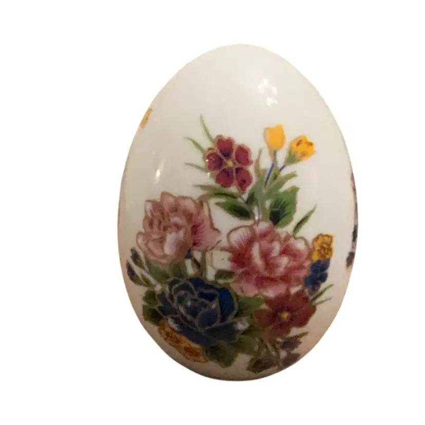 Hand Painted With Gold Outline Trim Floral Ceramic Large Egg 4 1/2β X 3 1/2β