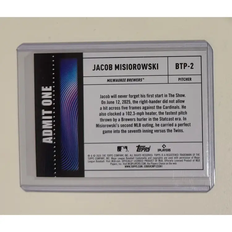 Jacob Misiorowski RC Big Ticket Player Milwaukee Brewers