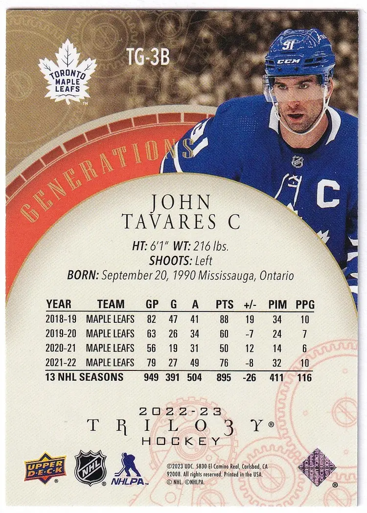 2022-23 Upper Deck Trilogy Generations Red #TG3B John Tavares Toronto Maple Leafs Hockey Card