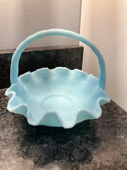 3256-Vintage Fenton Persian Medallion Aqua Satin Ruffled Handled Basket, 7.5x7.75”