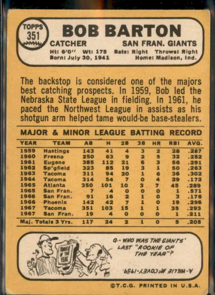 1968 Topps #351 Bob Barton - (pk3) - San Francisco Giants
