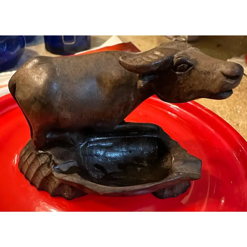 Vintage Chinese Water Buffalo hand carved wood ashtray.