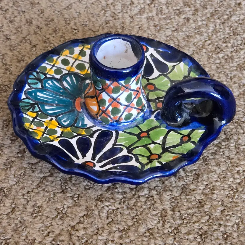 Talavera Candle Holder Hand Painted Mexico Folk Art Ceramic 5" Wide × 2¼" Tall Stamped