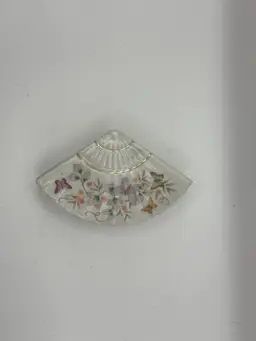 Trinket Box - Avon Fan Shaped Porcelain Flowers And Butterflies 5”x3”