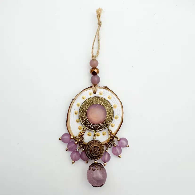 Purple Beaded Gold Tone Handmade Bauble Ornament Repurposed Jewelry