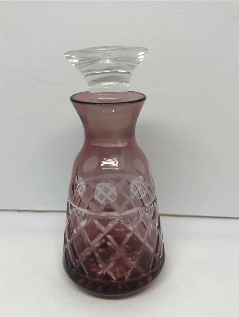 Vintage Cut to Clear Plum Color Glass Perfume Bottle