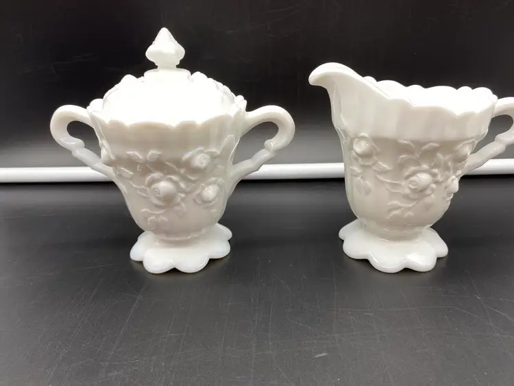 Fenton Cabbage Rose Milk Glass Creamer Sugar Bowl w/Lid Set 1967-1974