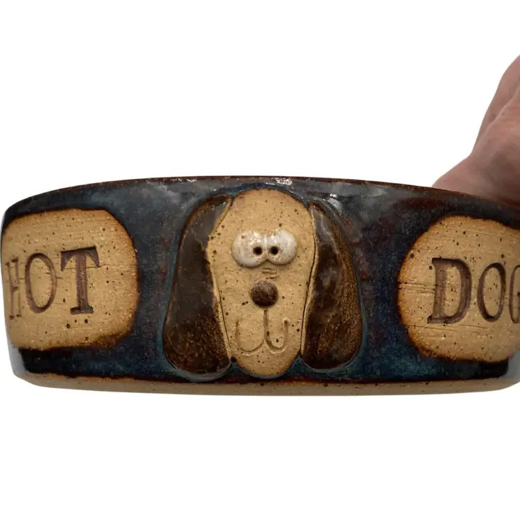 Studio Pottery Dog Bowl, "Hot Dog", Blue Glaze with Puppy Dog Face, Signed