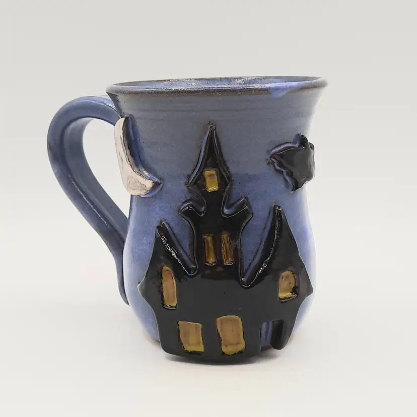 Mudworks USA Art Pottery Halloween Mug Haunted House Moon Bat