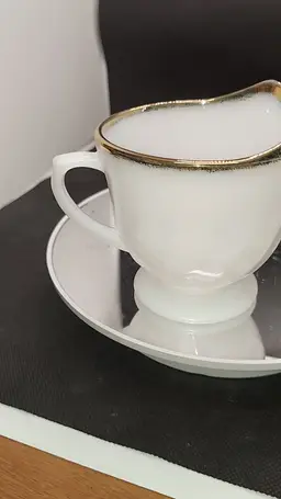 Anchor Hocking Fire King Creamer White Milk Glass Swirl Pattern And Gold Rim Vignette