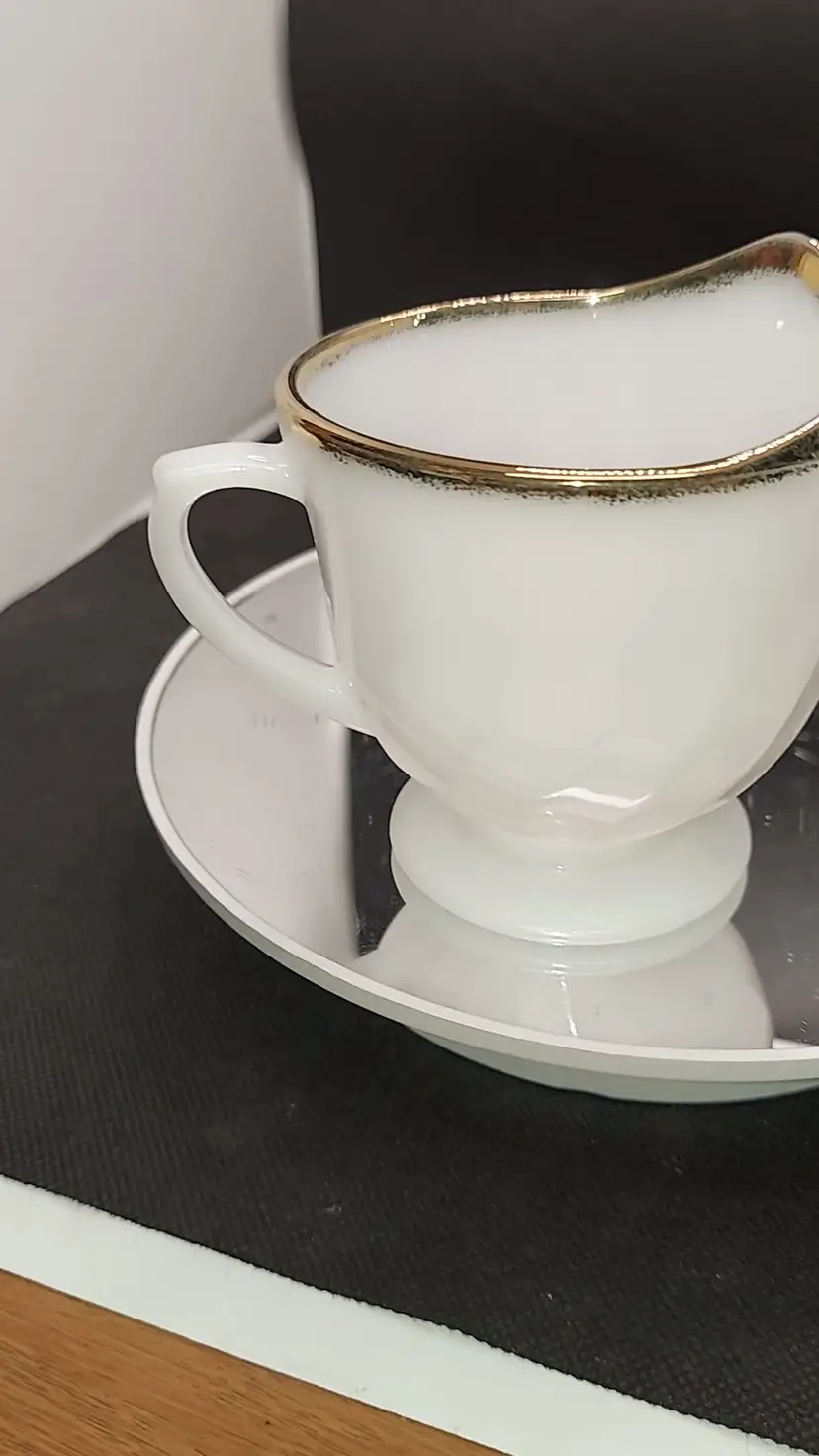 Anchor Hocking Fire King Creamer White Milk Glass Swirl Pattern And Gold Rim Vignette