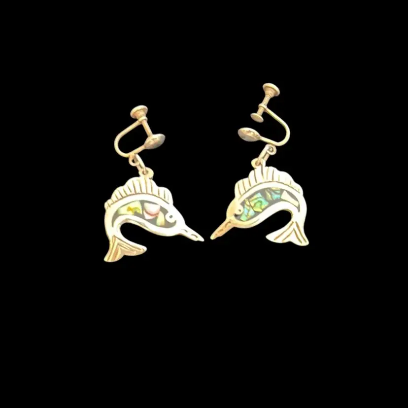 Vintage Mexico Sterling Silver Inlay Mosaic Abalone Fish Dangle Earrings