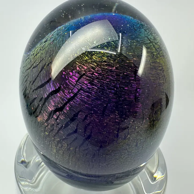 W E Porter Studio Art Glass Dichroic Egg Shaped 1987 Purple Blue Paperweight Signed