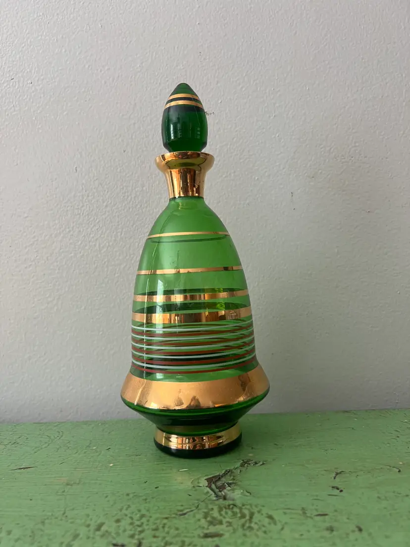 Vintage Borske Sklo Emerald Green & Gold Glass Decanter with Stopper. 1960s Bohemian | Czech Glass Liquor Serving Bottle.