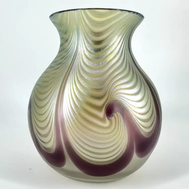 Okra Art Glass Iridescent Pulled Feather Vase England