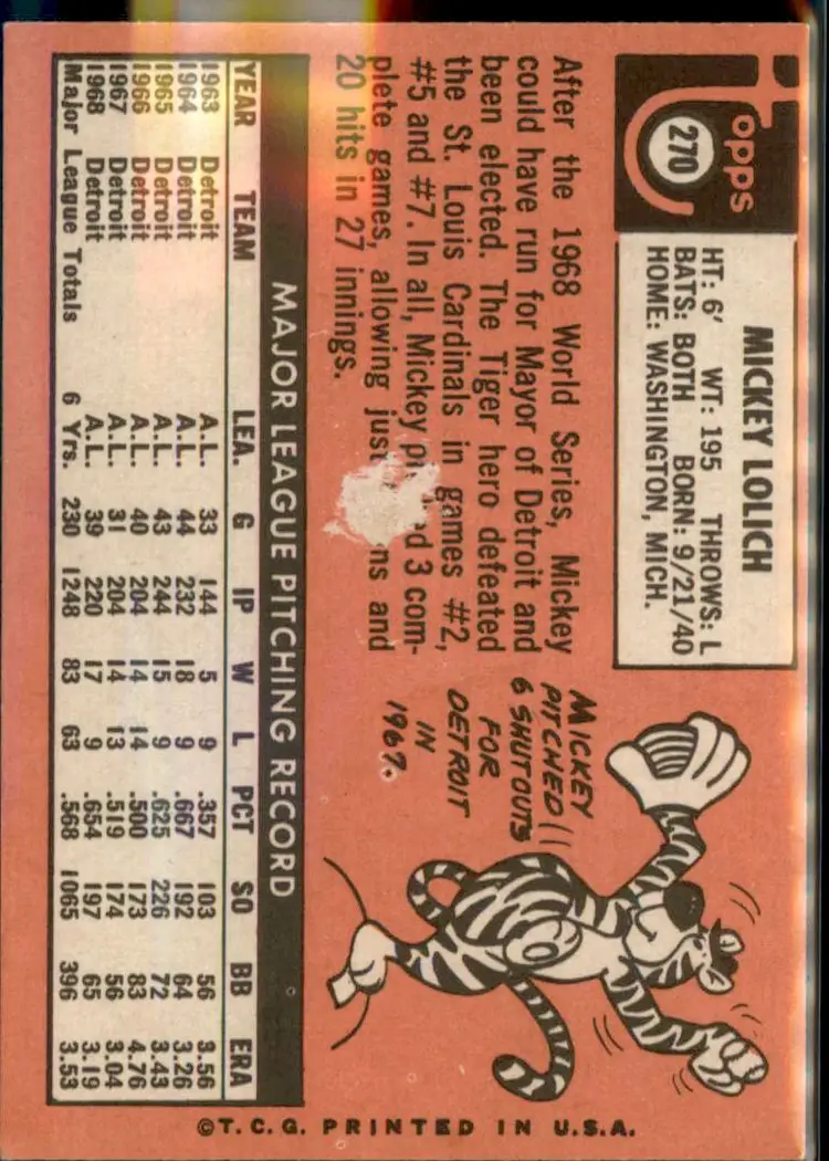 1969 Topps #270 Mickey Lolich - (pk3) - Detroit Tigers