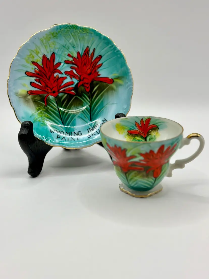 Vintage Wyoming Indian Paint Brush Design Porcelain Demitasse Tea Cup & Saucer Set, Gold Trim, Hand-Painted, By Norcrest, Made In Japan, MPN #C-375