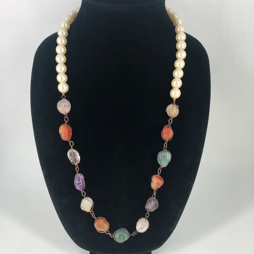 Vintage Faux Pearl & Semi Precious Stones Statement Necklace