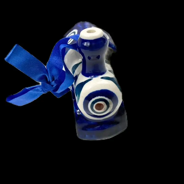 Polish Pottery Train Engine HandPainted Christmas Ornament Peacock Ribbon Hangar