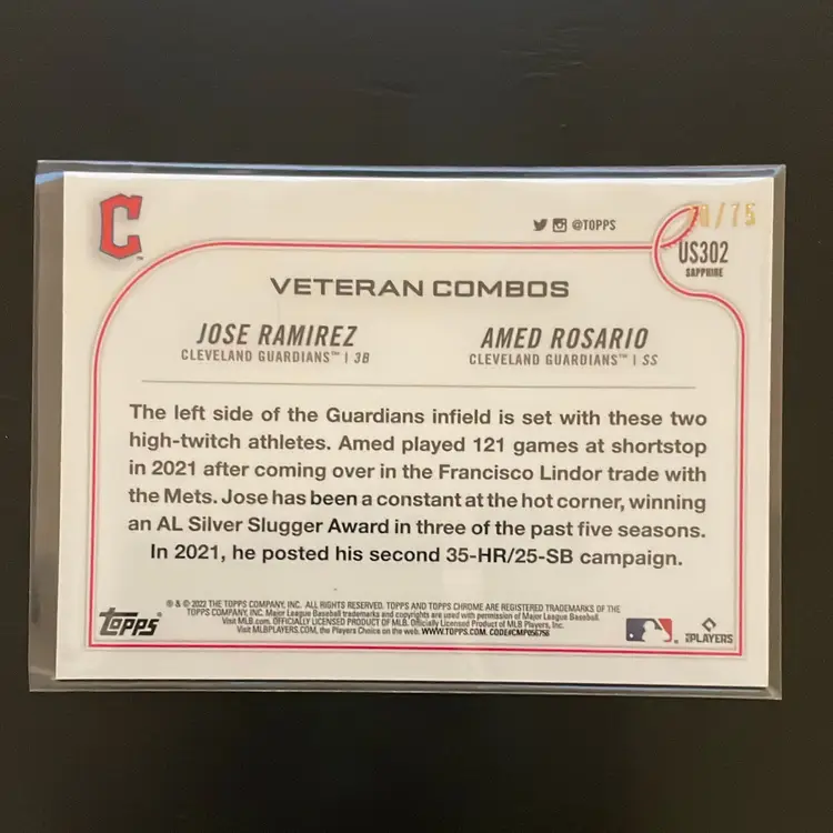 Cleveland Guardians Jose Ramirez & Amed Rosario Topps Chrome Update Green Sapphire /75