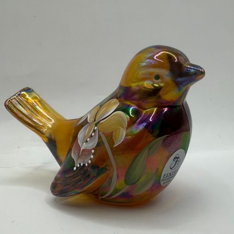 Fenton Hand Painted Flowers & Butterflies Signed Marigold Carnival Iridescent Glass Bird Figurine 4x2.5”