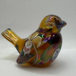 Fenton Hand Painted Flowers & Butterflies Signed Marigold Carnival Iridescent Glass Bird Figurine 4x2.5”