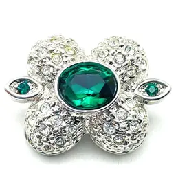 Vintage Green Rhinestone Bolo Tie Slide Silver Tone Four Leaf Design Mid Century 11898