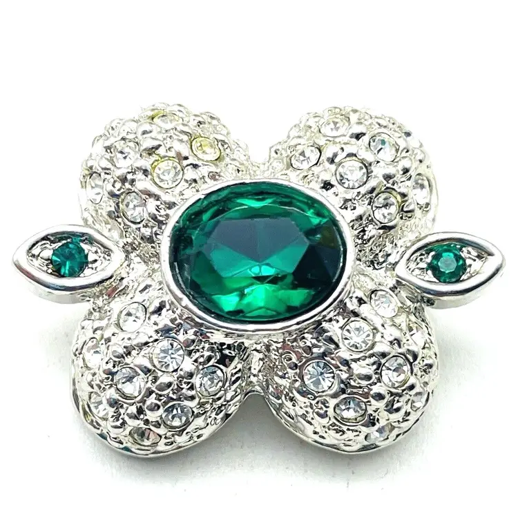 Vintage Green Rhinestone Bolo Tie Slide Silver Tone Four Leaf Design Mid Century 11898