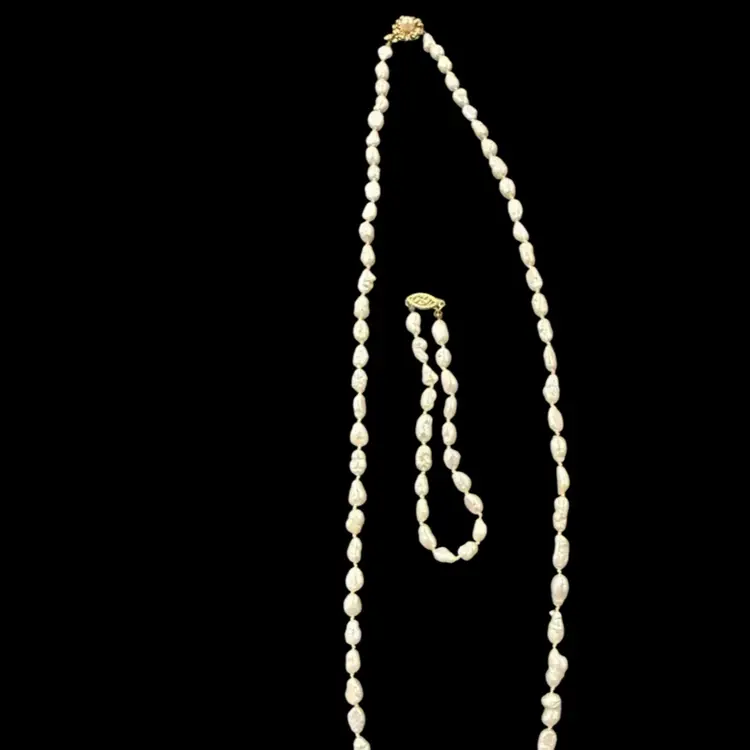 Vintage Estate 24 In Baroque Pearl 14k Necklace & 7.5 In 14k Bracelet Set